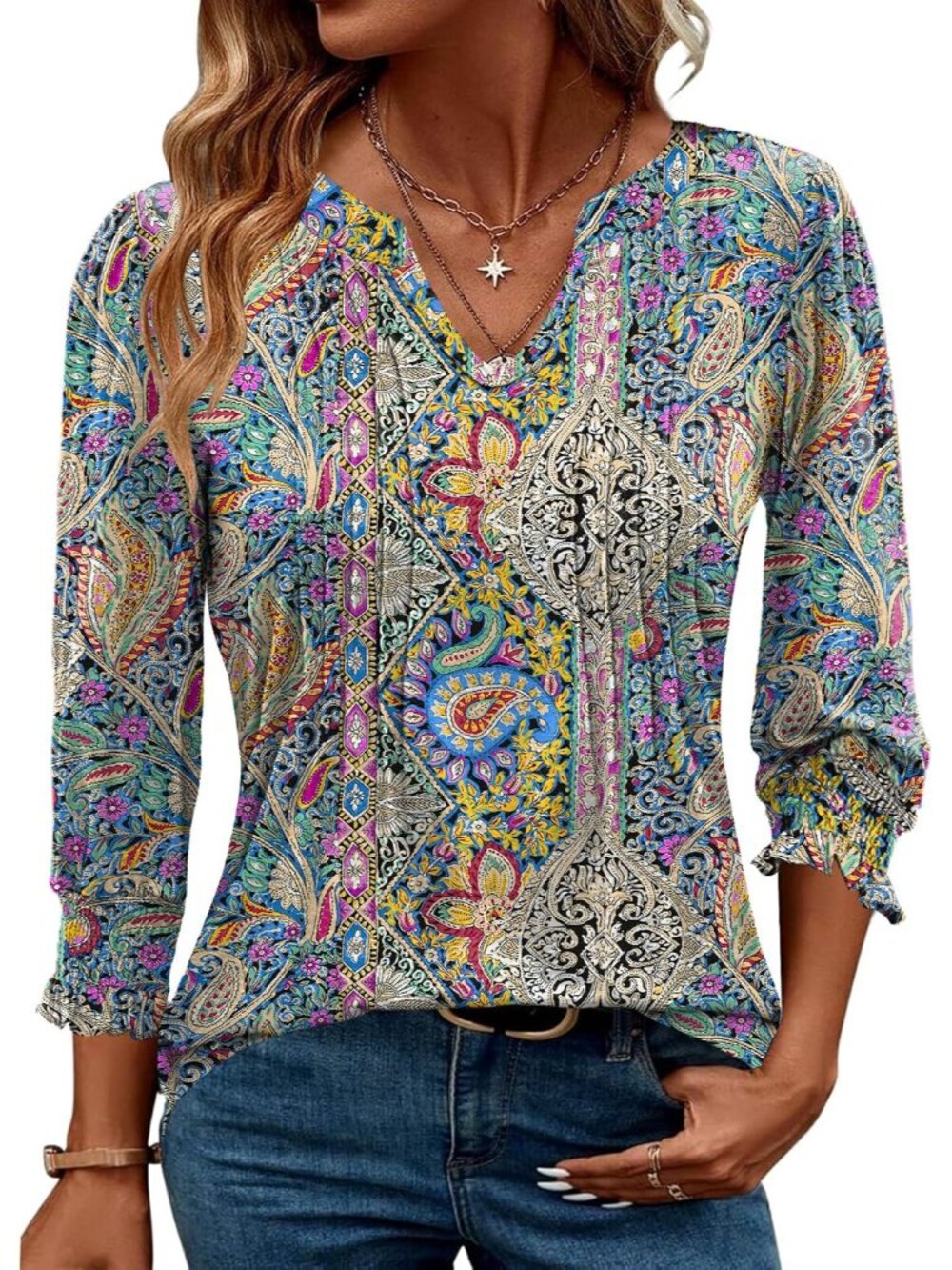 Blouses for Women Dressy Casual 3/4 Length Sleeve Spring Tops for Women V Neck P